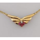 A 9ct yellow gold butterfly-shape pendant with ruby and diamond decoration on an integrated