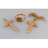 Two hallmarked 9ct rose gold crucifixes, 36mm, 32mm, one with a diamond decoration, the other