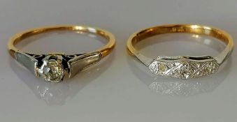 An 18ct yellow gold and platinum solitaire ring, 0.25 carats, hallmarked and an Art Deco three-stone