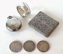 A silver filigree cigarette case, 8 x 7 cm; a napkin ring with etched decoration, A Victorian silver