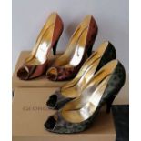 Two pairs of Georgina Goodman snakeskin heeled shoes from the Felicity range, both boxed, sizes 39
