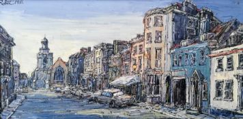 Robert William Hill (1932-1990), MAIN STREET, LYMINGTON, oil on canvas, signed top left, 30 x 60 cm