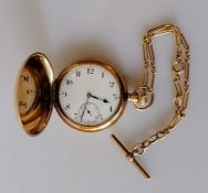 A George V gold full hunter pocket watch by Dennison with Swiss made Zenith movement, Arabic numeral