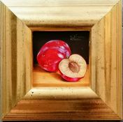 Kristina Jardel, STILL LIFE OF PLUMS, oil on board, framed, signed and dated top right hand side, pu