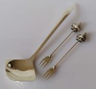 A mid-century silver ladle by S.P.R, hallmarked for London 1961, 21 cm and two silver pickle forks w