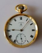 An Edwardian open-faced stem-wind gold-cased pocket watch with white enamel dial signed Rotherhams,