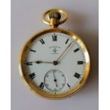 An Edwardian open-faced stem-wind gold-cased pocket watch with white enamel dial signed Rotherhams,