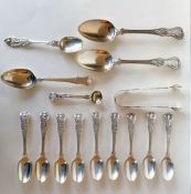 A pair of Victorian silver table spoons, 23 cm, a mustard spoon, 1847, a sugar tongs, 1845, nine tea