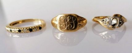 A half-hoop eternity ring, a gold signet ring and a crossover ring without stone, all hallmarked 9ct