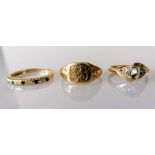 A half-hoop eternity ring, a gold signet ring and a crossover ring without stone, all hallmarked 9ct