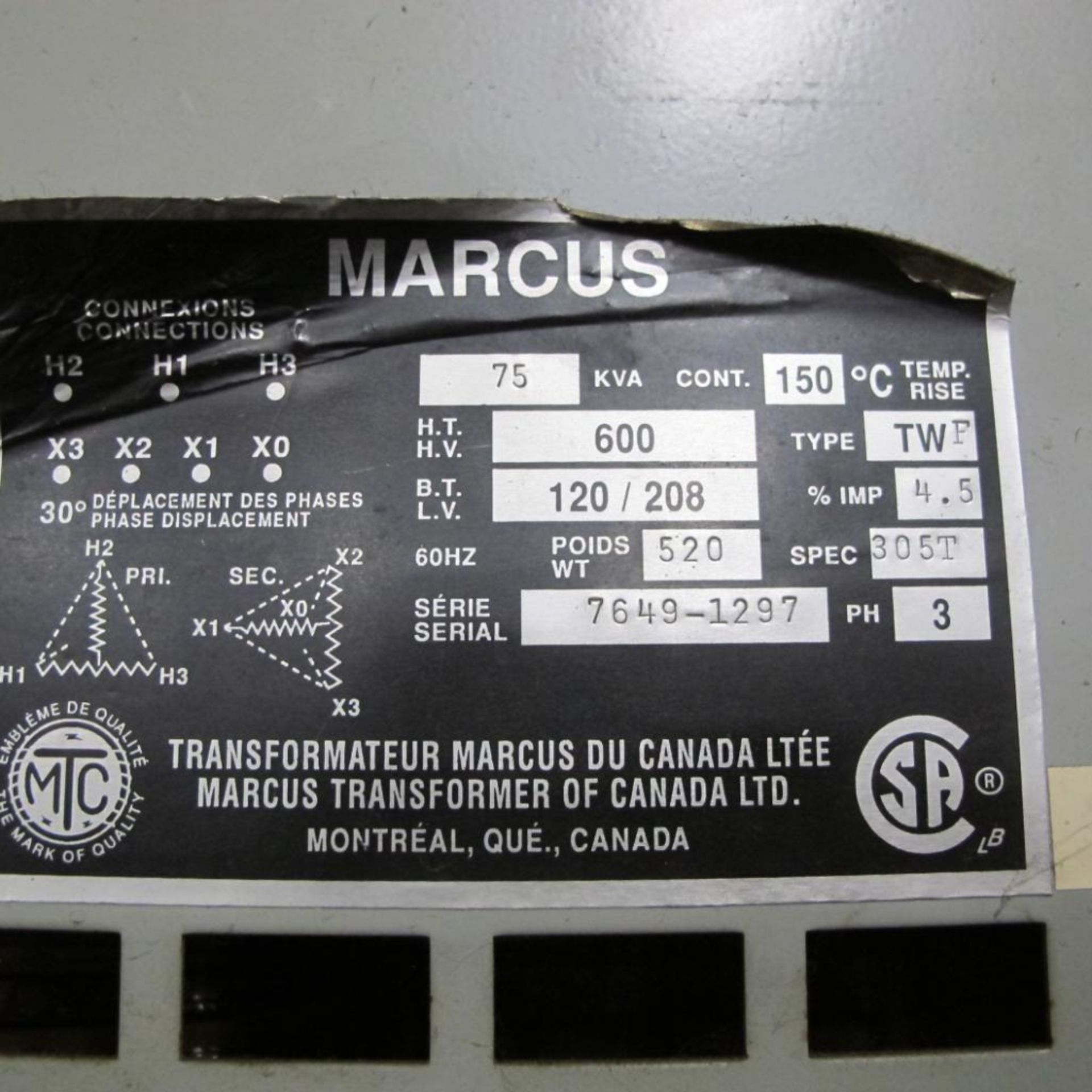 MARCUS TRANSFORMER 75 KVA (DISCONNECTED) - Image 2 of 2