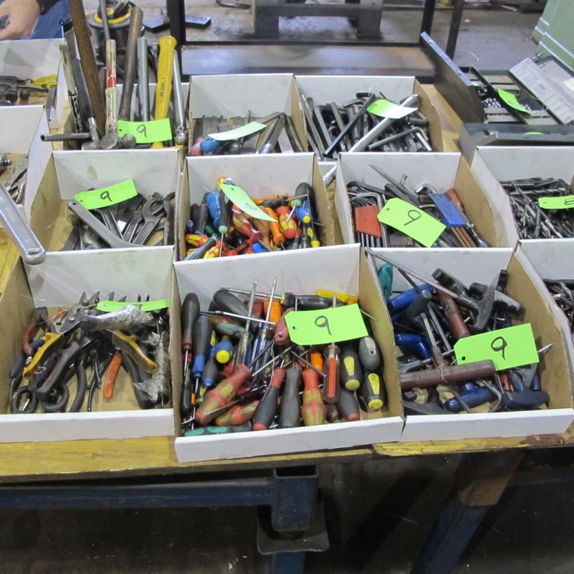 LOT OF 9 BOXES OF HAND TOOLS INCL ALLEN KEYS, FILES, HAMMERS/MALLETS, CUTTERS, CRESCENT WRENCHES DRI