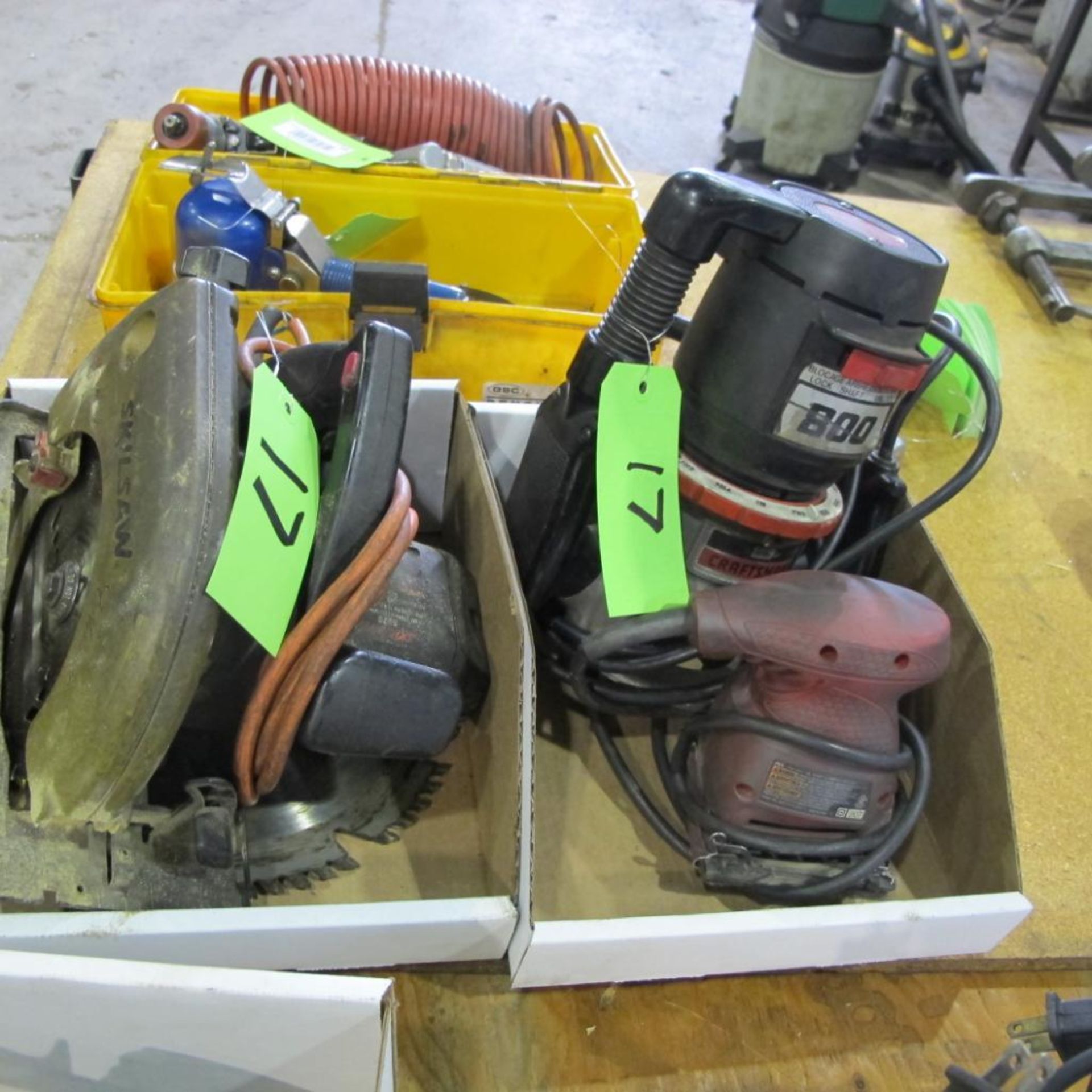 LOT OF 2 BOXES W/SKILLSAW 7 1/4" CIRCULAR SAW, CRAFTSMAN ROUTER AND PALM SANDER