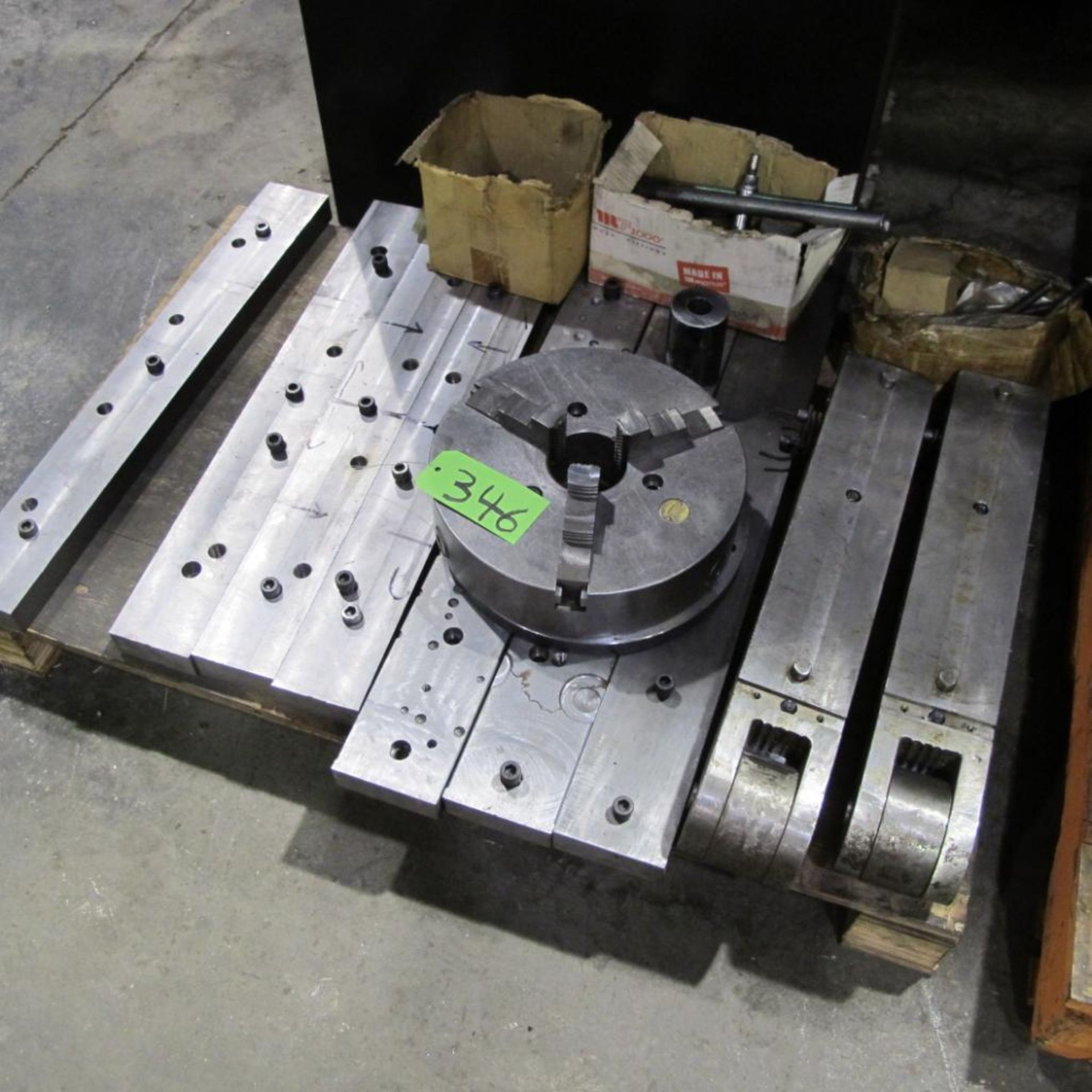 3 PALLETS OF BARS, BLOCKS, RACK, 12" 3 JAW CHUCK AND METAL BARS ON FLOOR - Image 2 of 4