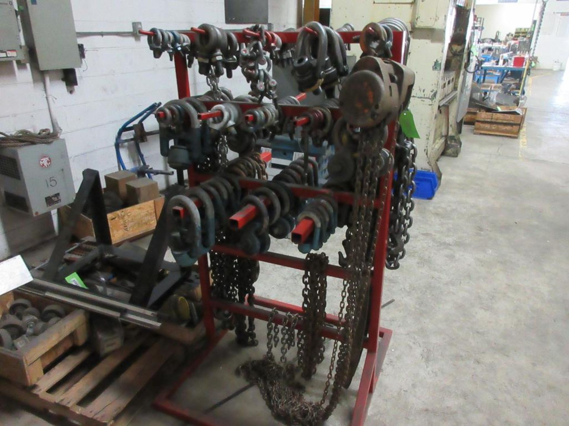 RACK W/ ASSORTED LIFTING EYES, EYE BOLTS, SHACKLES, HOOK CHAINS, HOIST, RACK BASE 3' X 3' X 5' H - Image 3 of 3