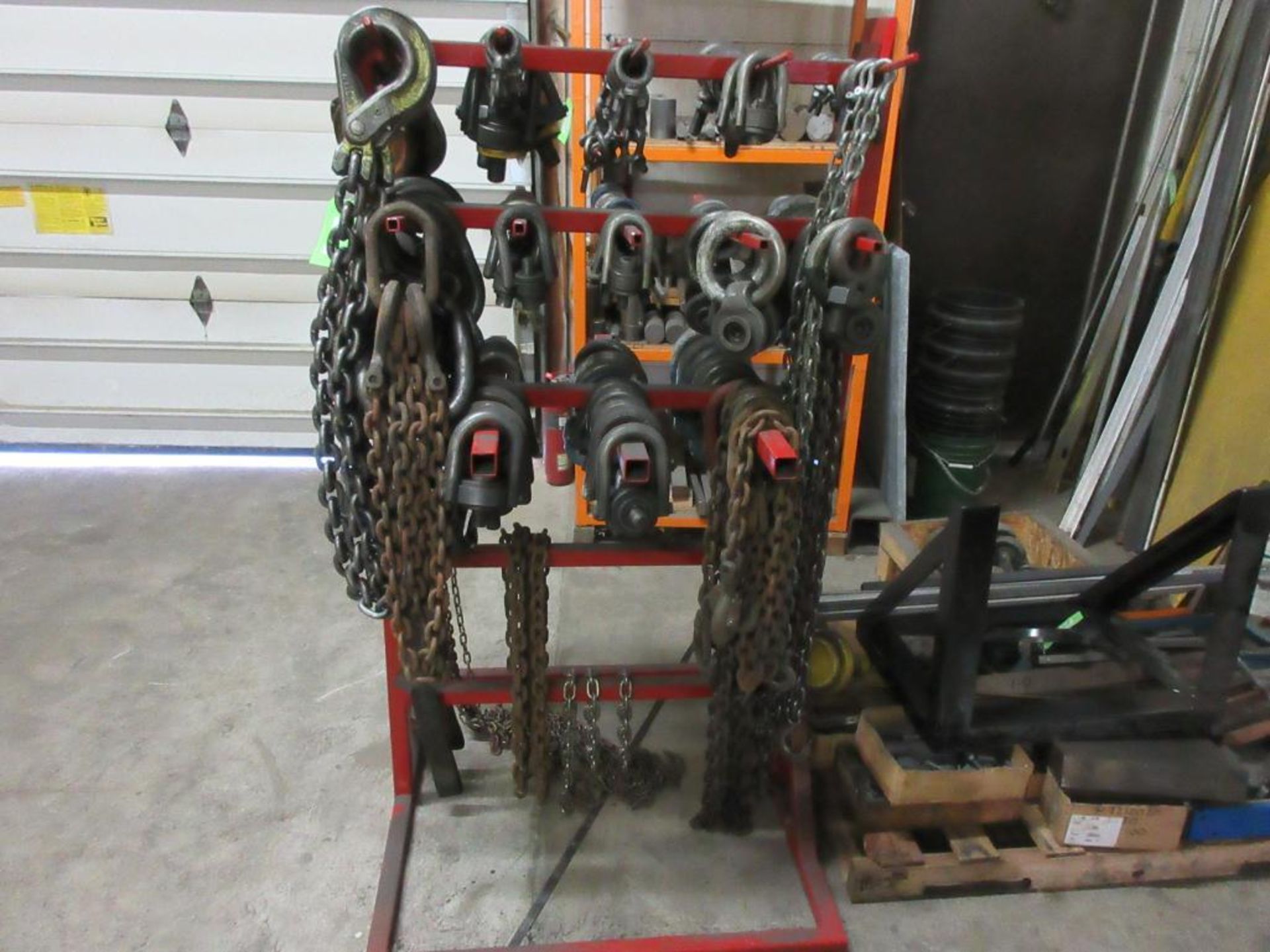 RACK W/ ASSORTED LIFTING EYES, EYE BOLTS, SHACKLES, HOOK CHAINS, HOIST, RACK BASE 3' X 3' X 5' H - Image 2 of 3