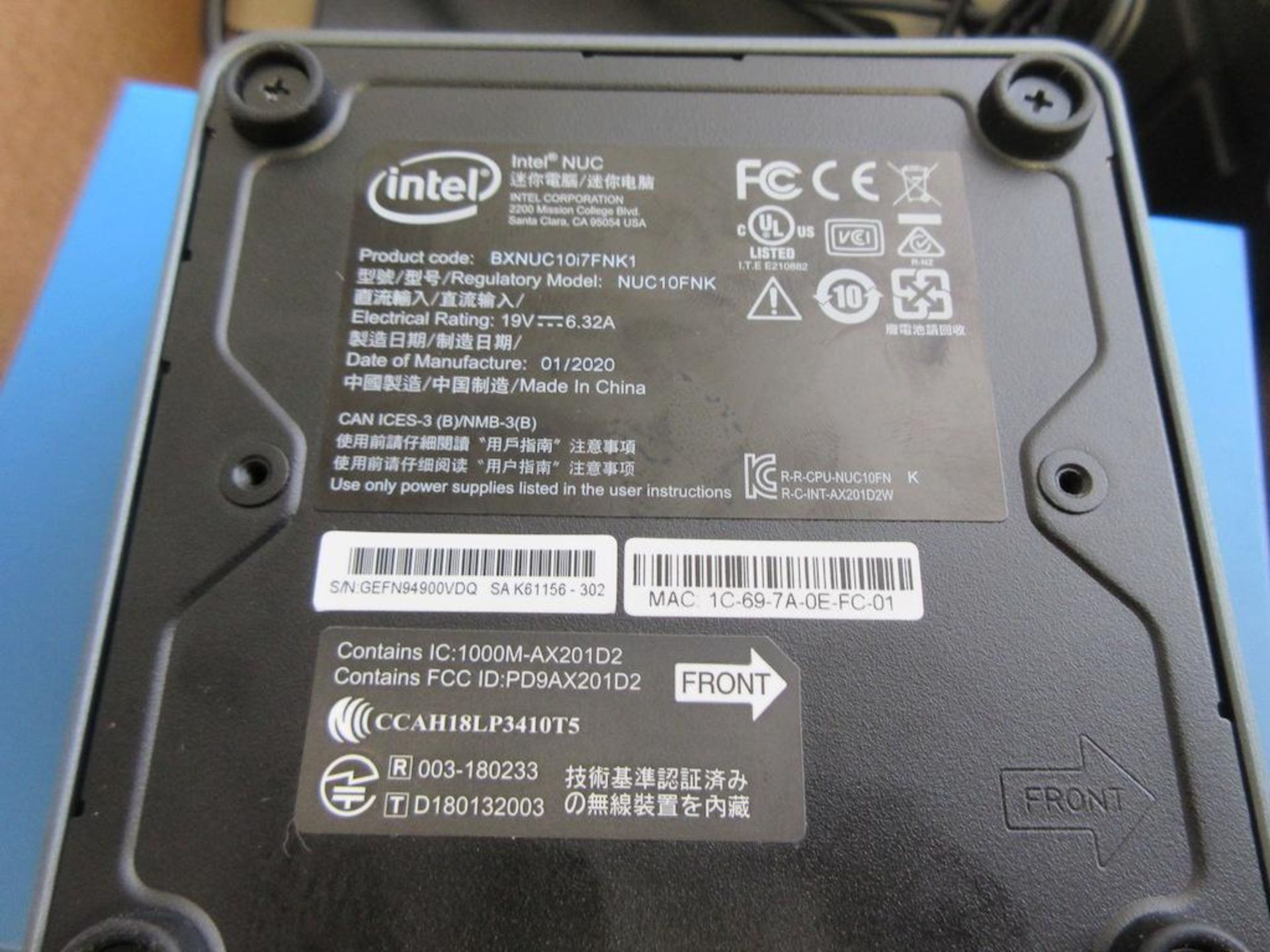 2020 INTEL NUC MINI PC MODEL BXNUC10 I7 FNK1, SN GEFN94900VDQ, W MOUNTING BRACKET - Image 3 of 3