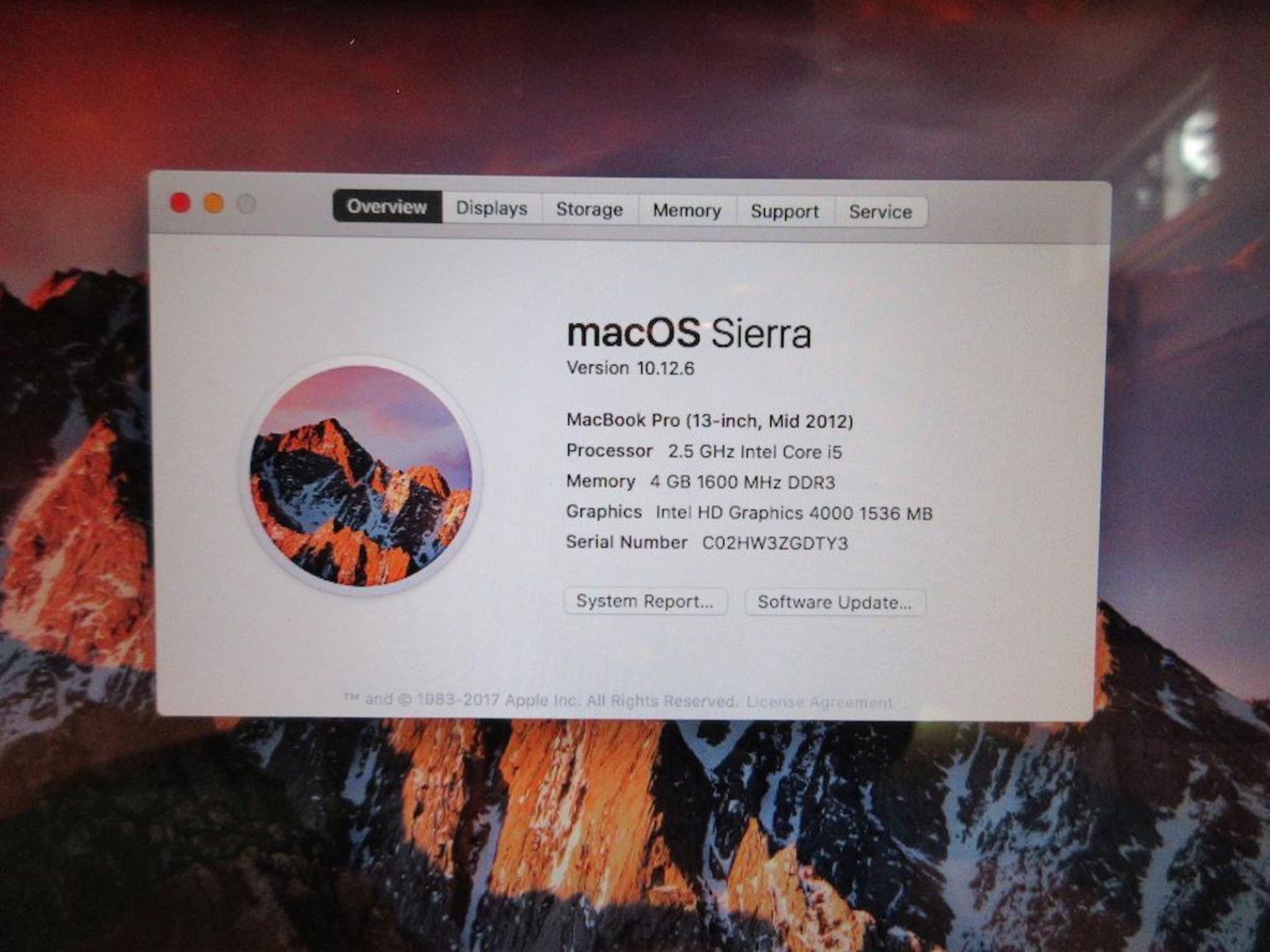 MACBOOK PRO, 13.3" SCREEN, (APPROX 2012), MAC OS SIERRA, V.10.12.6, 2.5 GHZ, INTEL CORE I5, 4 GB, IN - Image 6 of 13