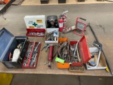 ASSORTED HAND TOOLS, TOOL BOXES, WORK LIGHT, LETTER SET, FIRST AID, FIRE EXTINGUISHERS, BOSCH TASSIM