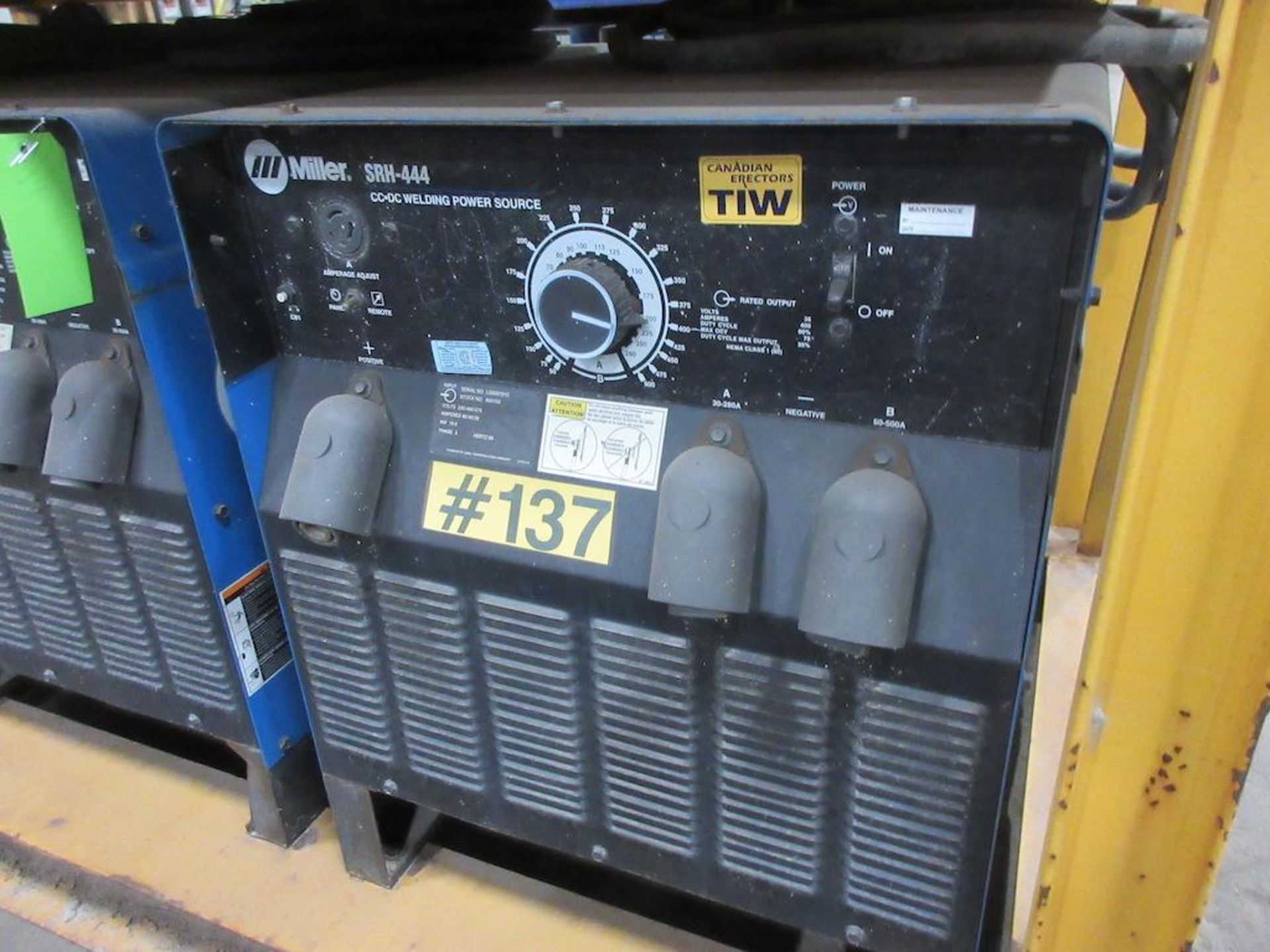 (3) SET OF MILLER SRH-444 CC DC WELDING POWER SOURCES, ALL 3 BOLTED TO STEEL SKID FRAME MEASURING: 8 - Image 3 of 4