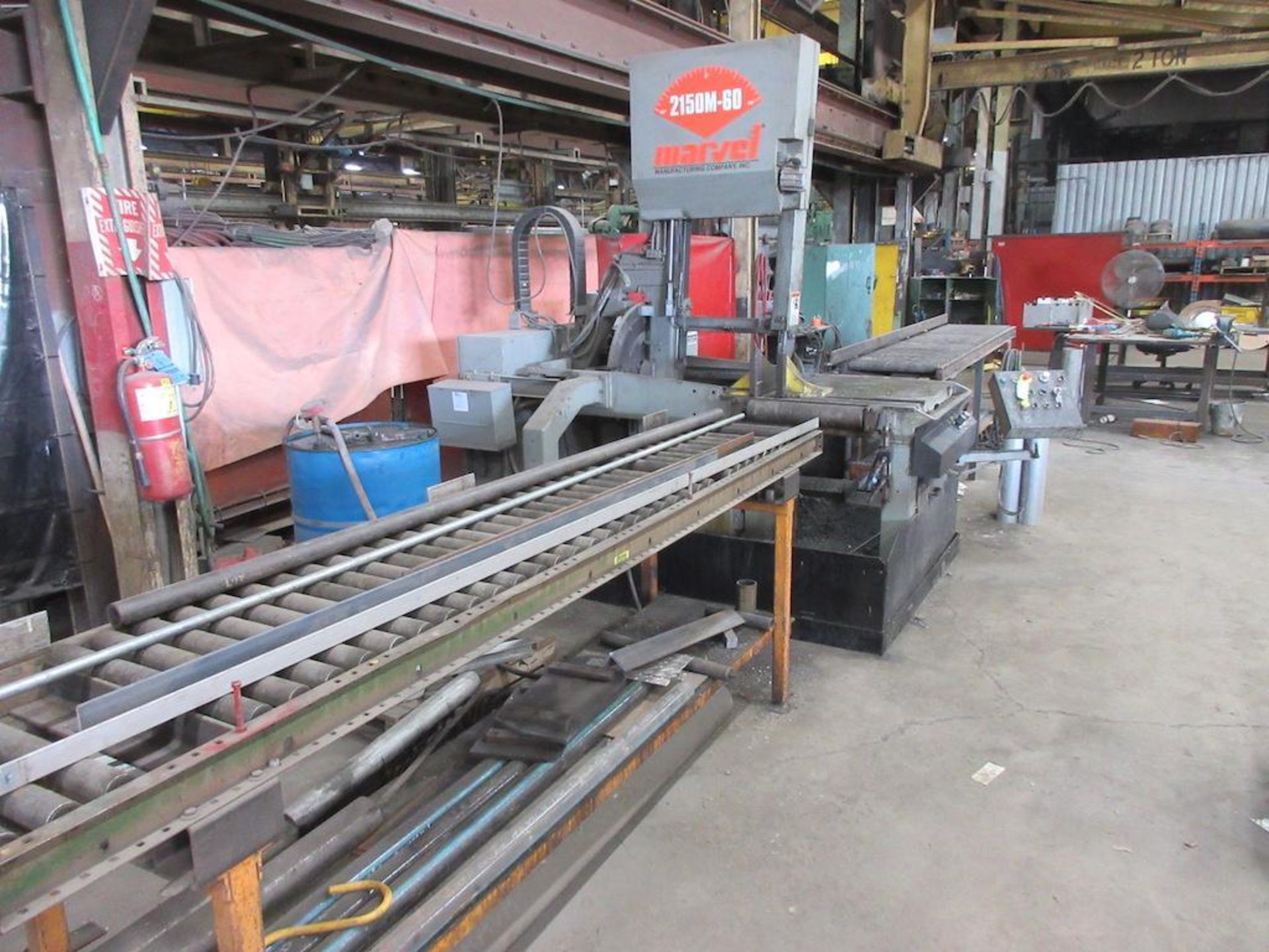 MARVEL VERTICAL BANDSAW, MODEL F 2150M-60, 60 DEG. MITERING, SN 30173M, W (3) ROLLER CONVEYOR TABLES - Image 2 of 5