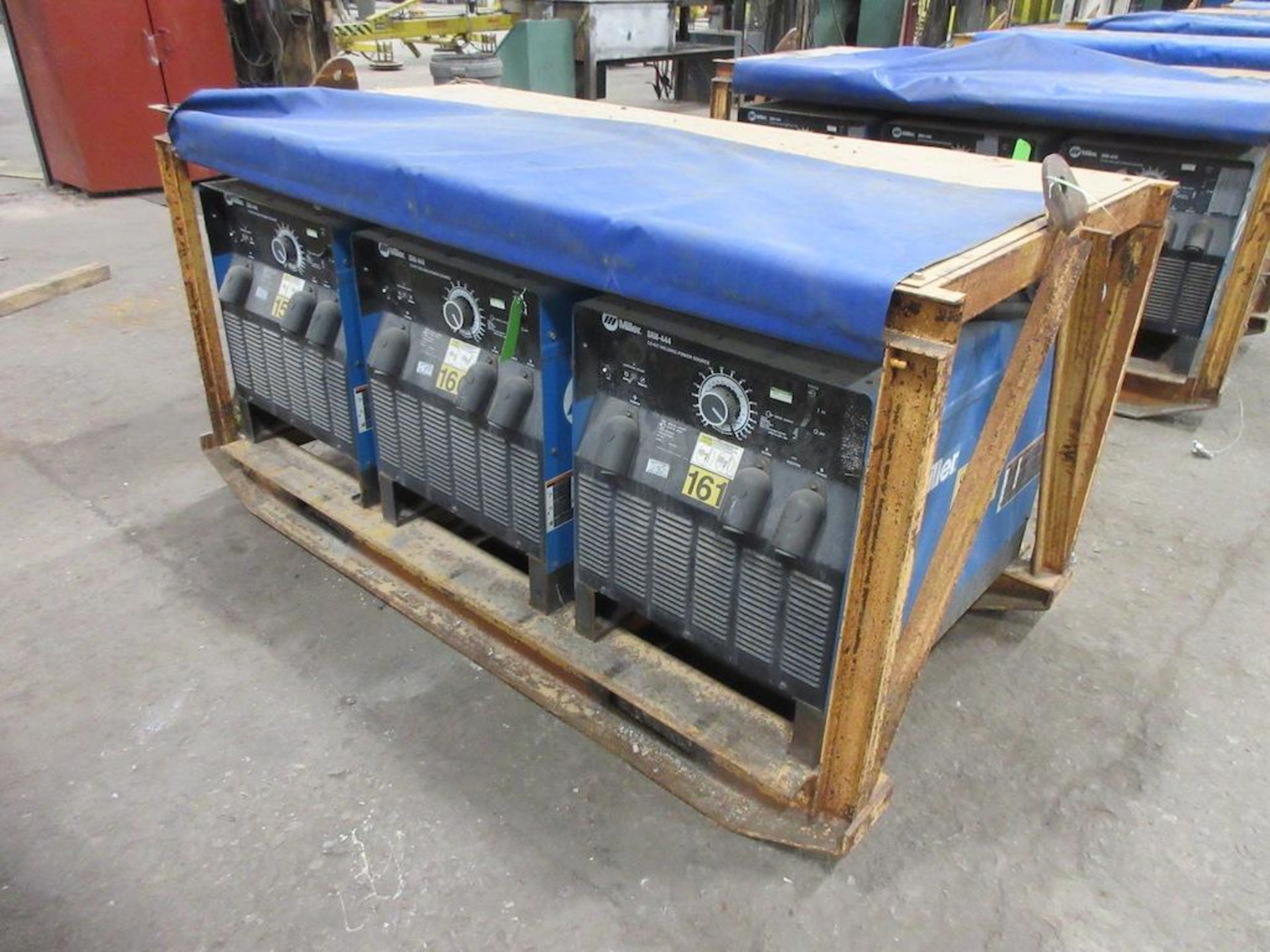 (3) SET OF MILLER SRH-444 CC DC WELDING POWER SOURCES, ALL 3 BOLTED TO STEEL SKID FRAME MEASURING: 8