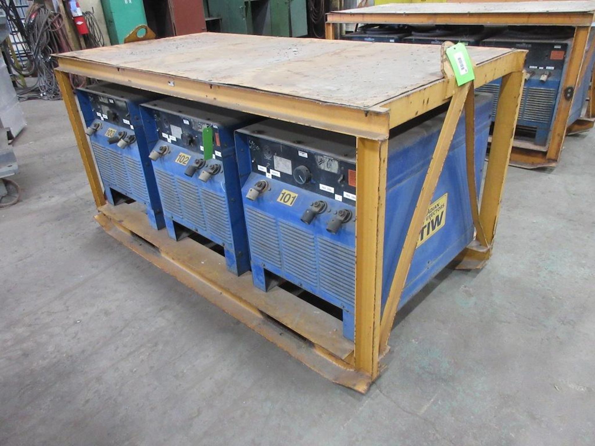 (3) SET OF MILLER WELDING POWER SOURCES, ALL 3 BOLTED TO STEEL SKID FRAME MEASURING: 82"W X 40"D X 4
