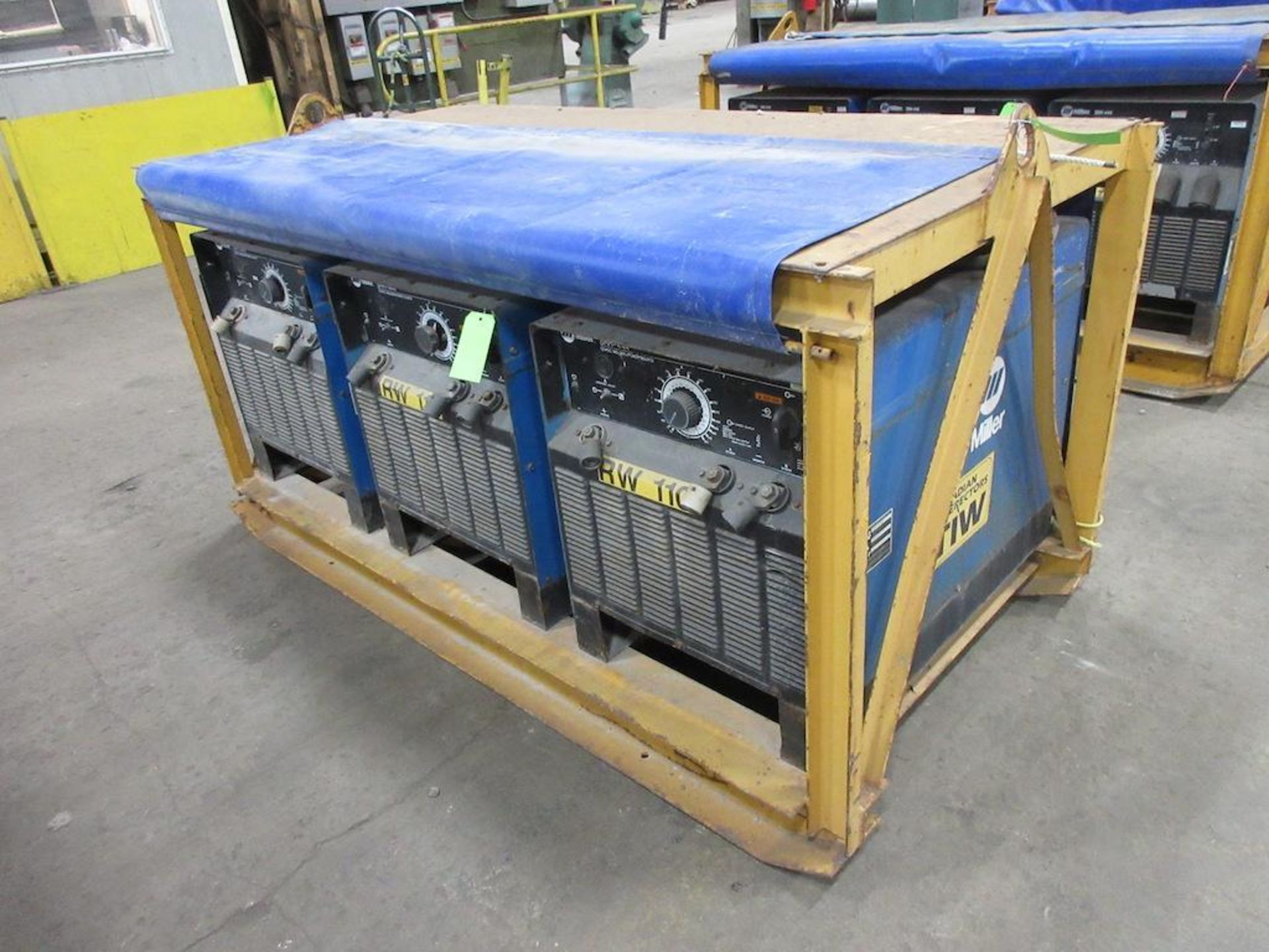 (3) SET OF MILLER SRH-444 CC DC WELDING POWER SOURCES, ALL 3 BOLTED TO STEEL SKID FRAME MEASURING: 8