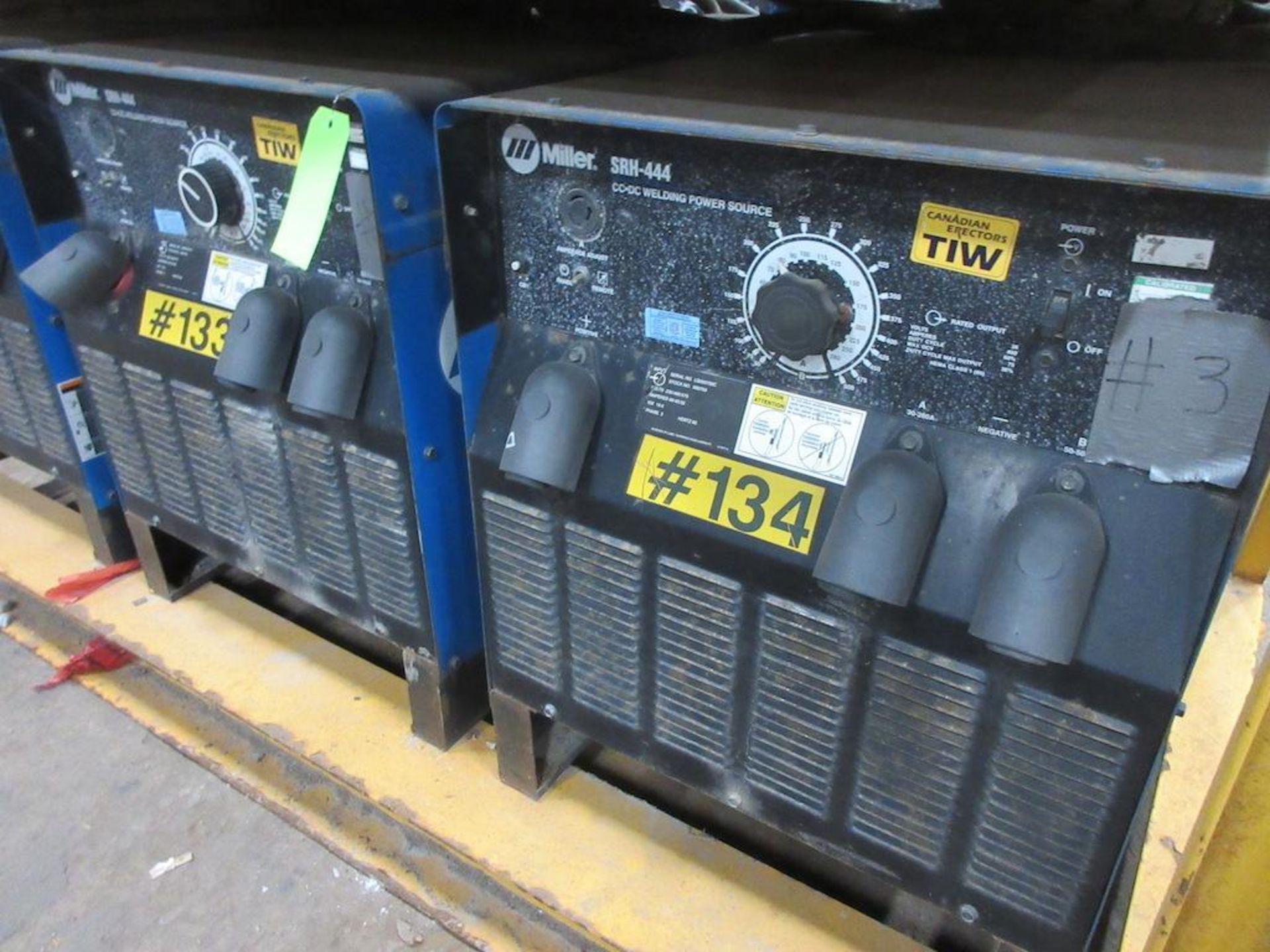 (3) SET OF MILLER SRH-444 CC DC WELDING POWER SOURCES, ALL 3 BOLTED TO STEEL SKID FRAME MEASURING: 8 - Image 3 of 4