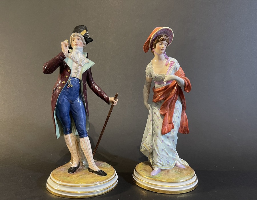 Figur “Galanter Herr mit Spazierstock” “Dame mit Fächer” Meissen um 1900