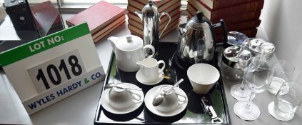 A Black Lacquered Square Tray with ELIA Orientik White Ceramic Teapot and Cream Jug, Two ORION