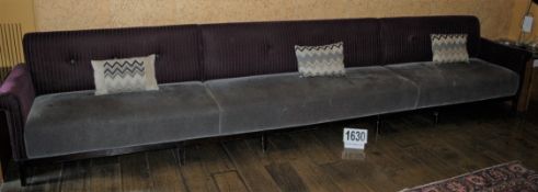 A Grey and Blackberry Velour Upholstered 7-Seater Settee with Black Buttoned Back Cushioning and