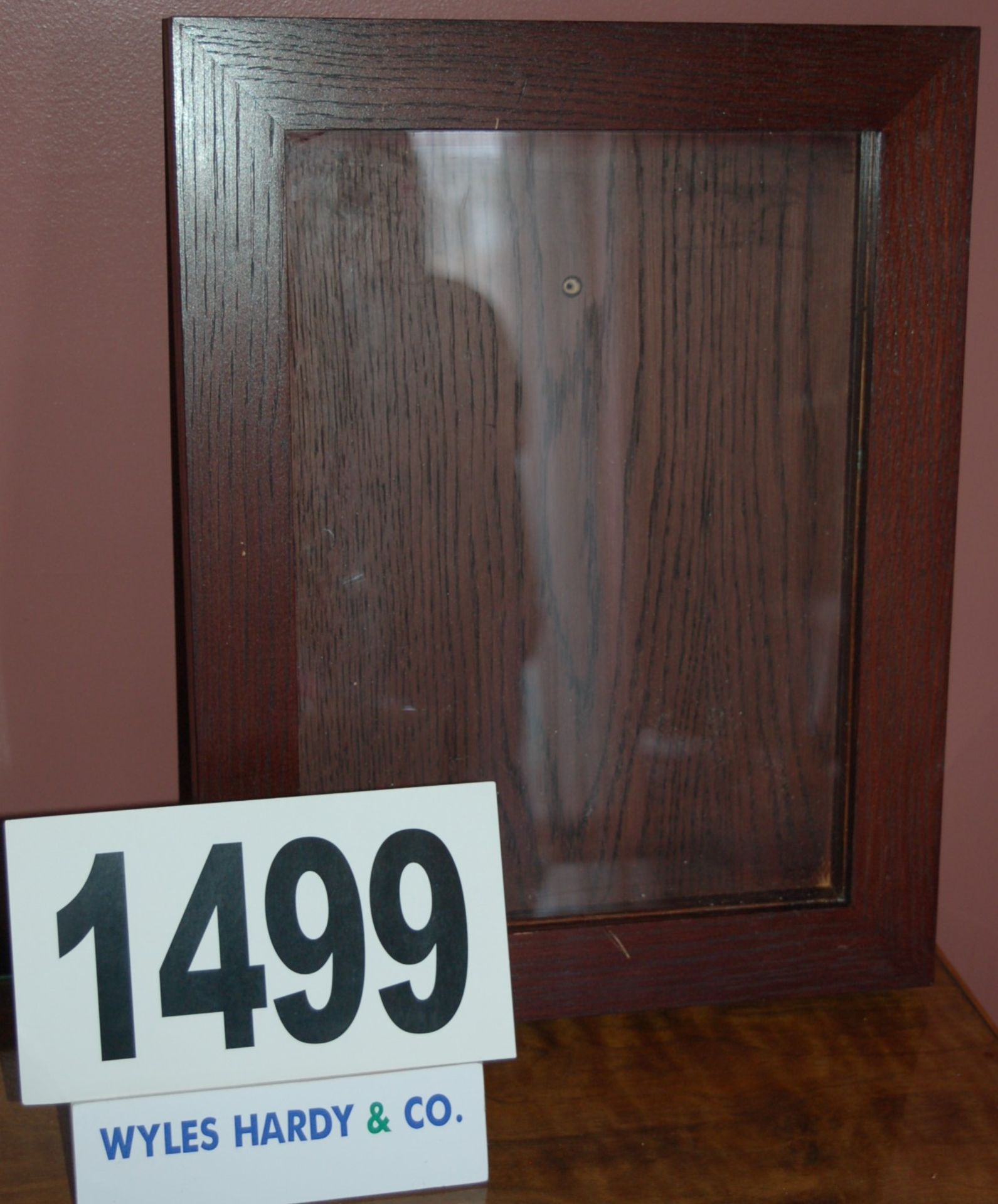 Dark Stained Timber Framed Glazed Notice Cabinet with Hinged Front Panel