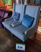 A Pair of Blue/Green Geometric Patterned Fabric Upholstered High Backed Lounge Chairs on Square