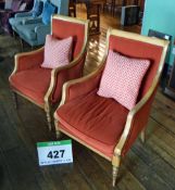 A Pair of Red Velour Upholstered Timber Framed Armchairs with Removable Seat Cushion and Red/White