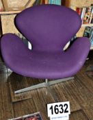A Republic of Fritz Hansen Purple Fabric Upholstered Swivelling Swan Chair on an Alloy Cross Base