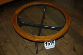 A Circular Teak Glass Topped Table 880mm Diameter with Black Painted Base