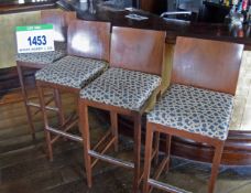 4: Mahogany Stained Timber Framed Bar Stools with Grey and Gold Geometric Patterned Fabric