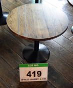 A 600mm dia. Mid Oak Stained Plank Topped Low Pedestal Table with Inset Twin Metal Bands on a