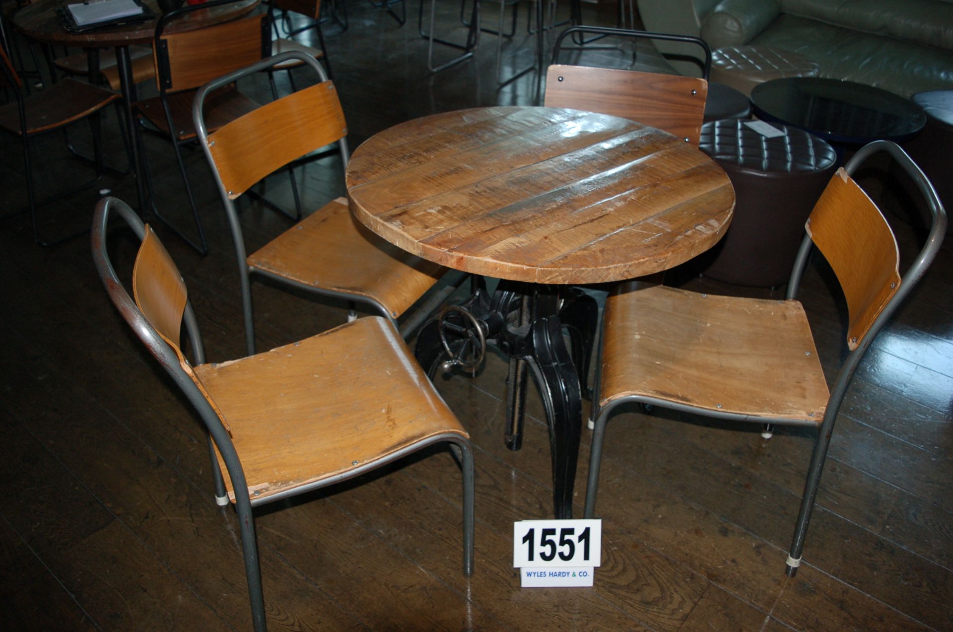 A Vintage Industrial Style Heavy Plank Topped Circular Table 690mm Diameter on a Rack and Pinion