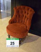 A Terracotta Velour Upholstered Victorian Style Button Back Salon Chair with Castor mounted Front