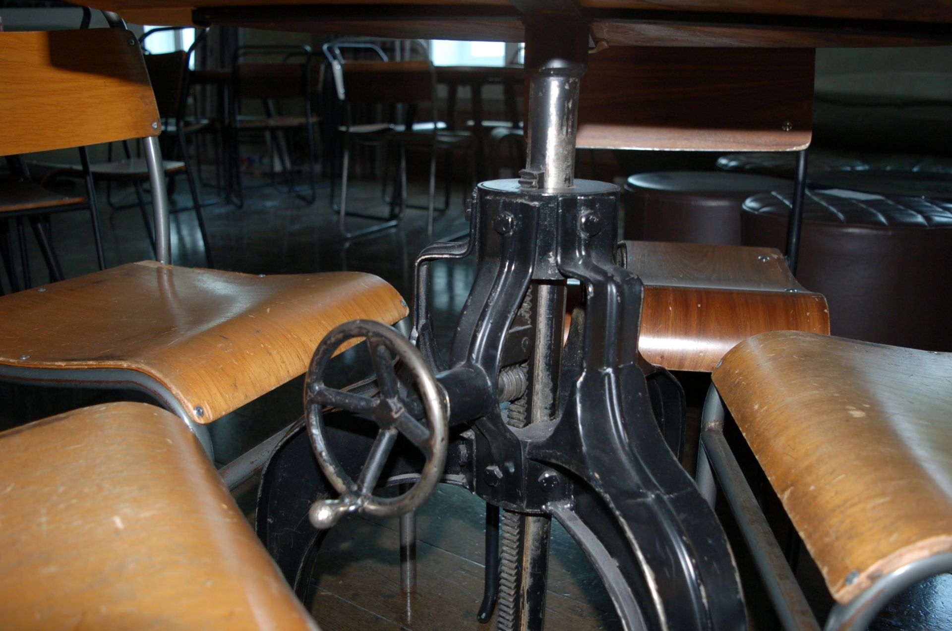 A Vintage Industrial Style Heavy Plank Topped Circular Table 690mm Diameter on a Rack and Pinion - Image 2 of 2