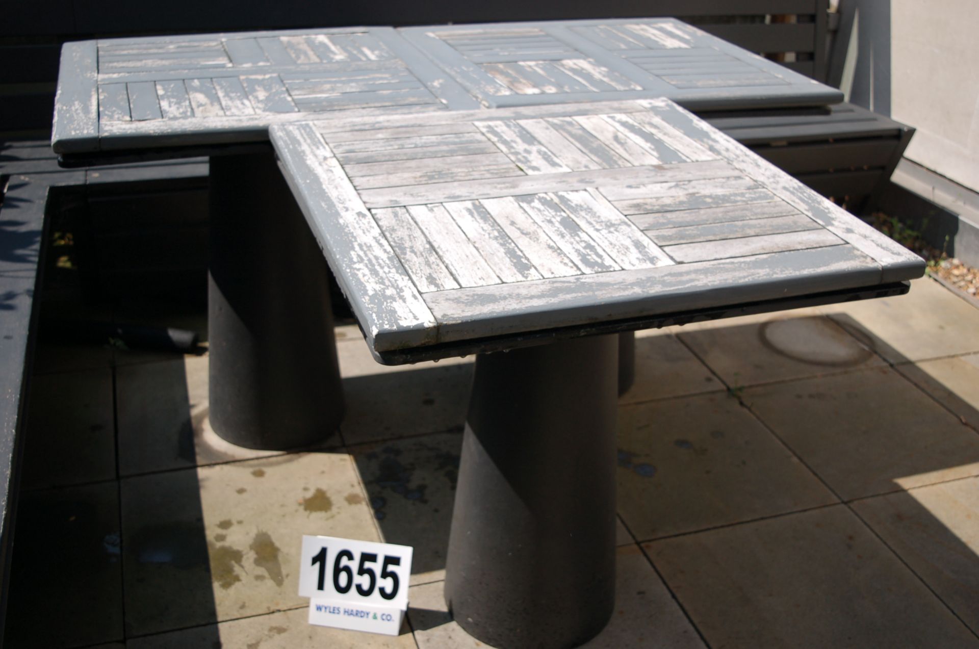 3: Grey Painted Timber Topped Pedestal Patio Tables on Heavy Conical Resin Pedestals 700mm x 700mm