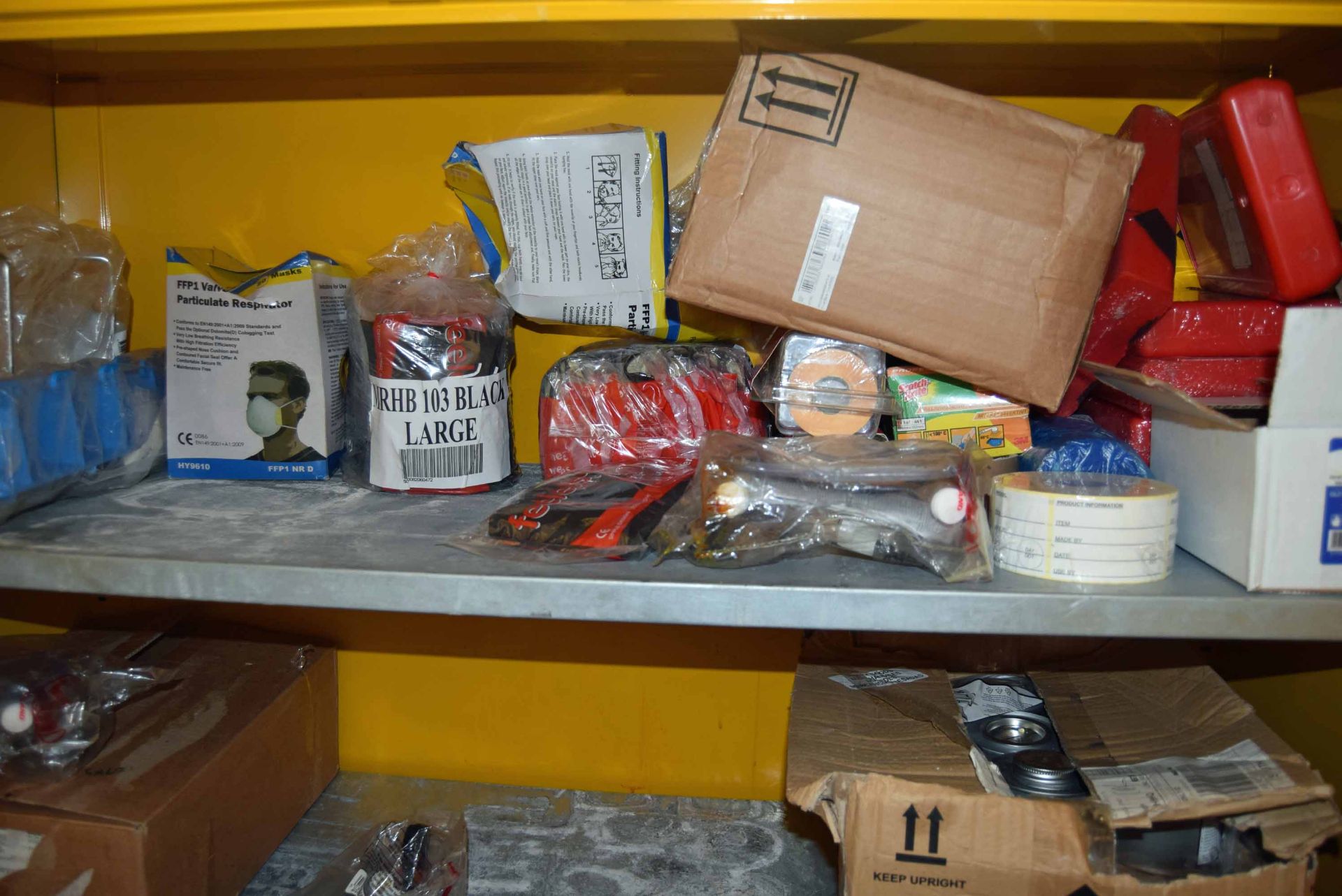 A Yellow Steel Tall Double Door Storage Cabinet and Contents of PPE, Fire Blankets, Cleaning - Image 2 of 4