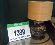 A Brown Glazed Moulded Oriental Style Globe Shaped Table Lamp with Flying Bird Motif and Strip