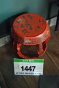 A Red Painted Wooden Open Barrell Shaped Stool with Eastern Floral Painted Design
