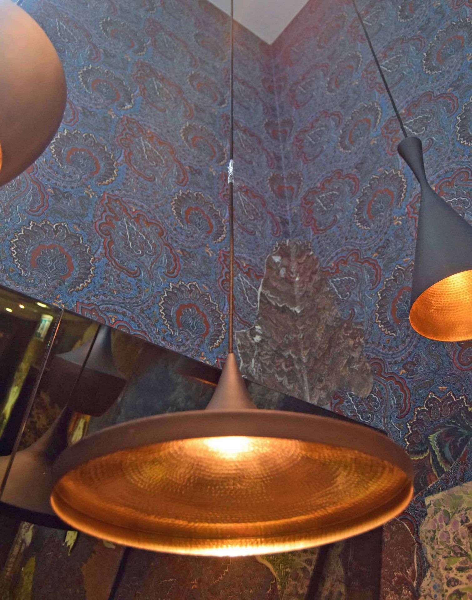 A TOM DIXON 360mm dia. Matt Brown Painted Metal Disc Pendant Light with Hammered Copper Inside - Image 2 of 2