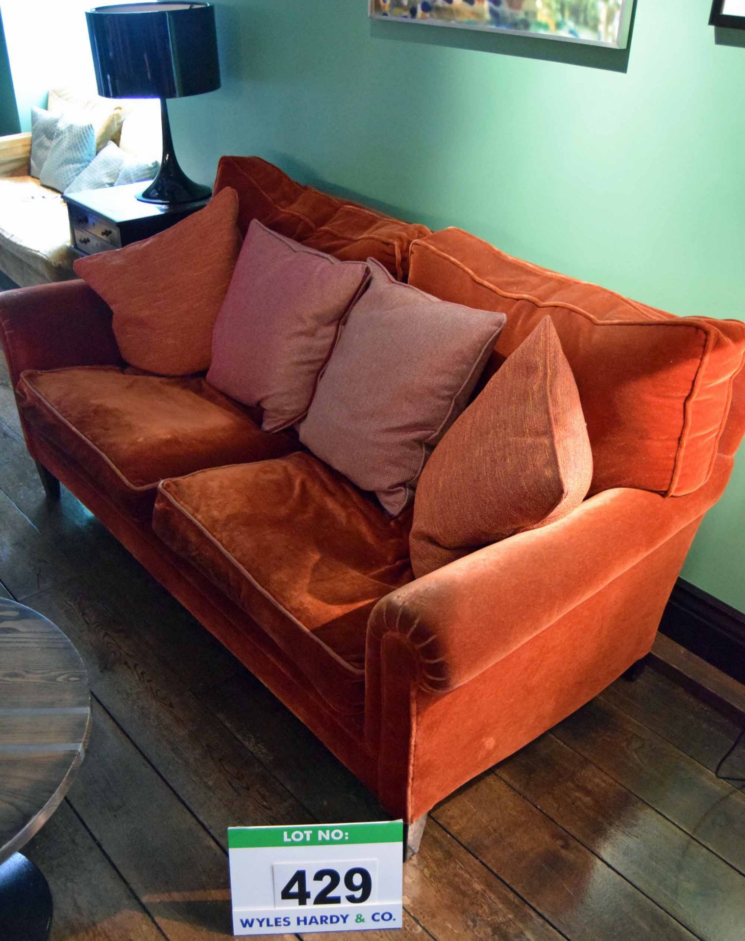 A Terracotta Velour Upholstered 2-Seater Settee with Removable Back and Seat Cushions and Four
