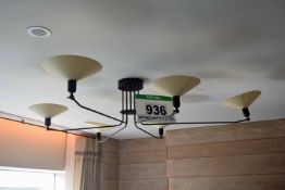 A Black Steel 6-Armed Ceiling Light with Stitched Inverted Cone Uplighting Shades
