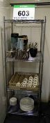 A Stainless Steel Mesh Shelved 4-Tier Storage Rack and Contents (As Photographed)